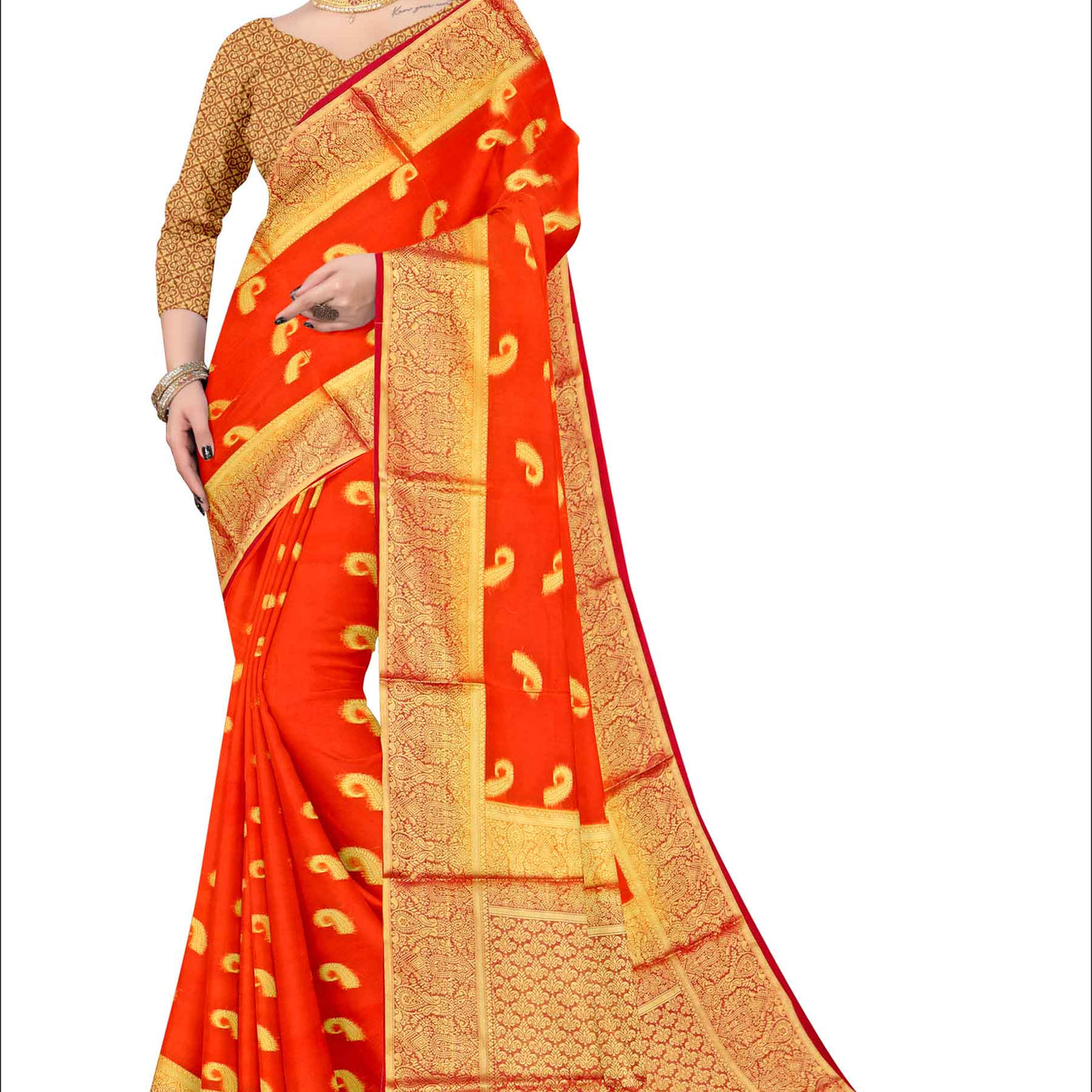 Golden Grace: Jaquard Silk Saree with Intricate Zari Work in Red