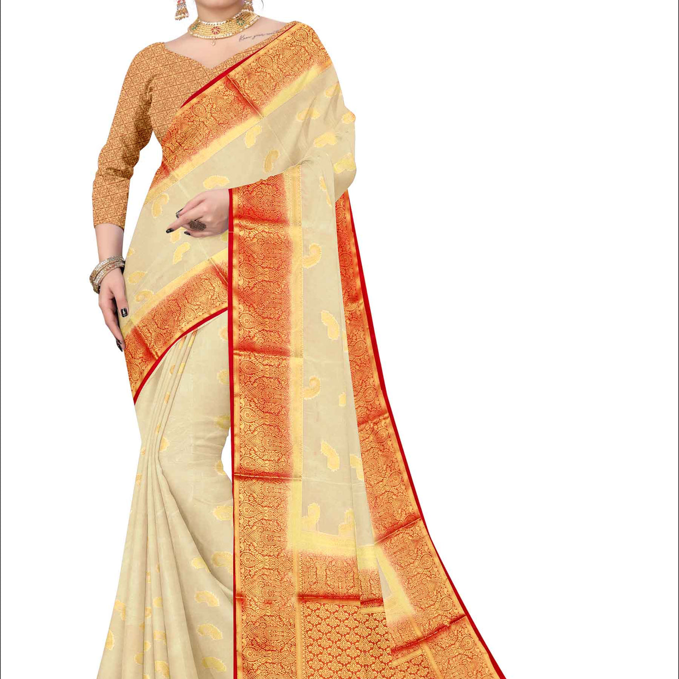 Golden Grace: Jaquard Silk Saree with Intricate Zari Work in Off White