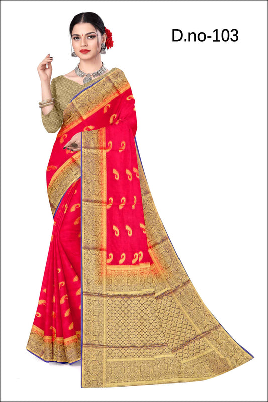 Golden Grace: Jaquard Silk Saree with Intricate Zari Work in Magenta