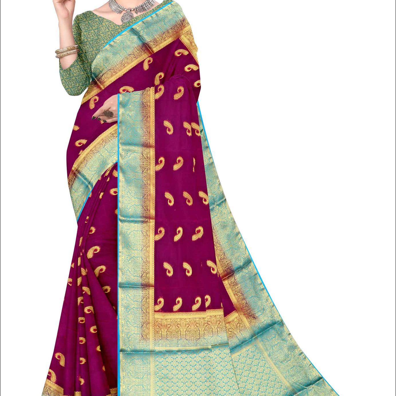 Golden Grace: Jaquard Silk Saree with Intricate Zari Work in Magenta