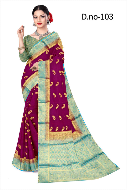 Golden Grace: Jaquard Silk Saree with Intricate Zari Work in Magenta