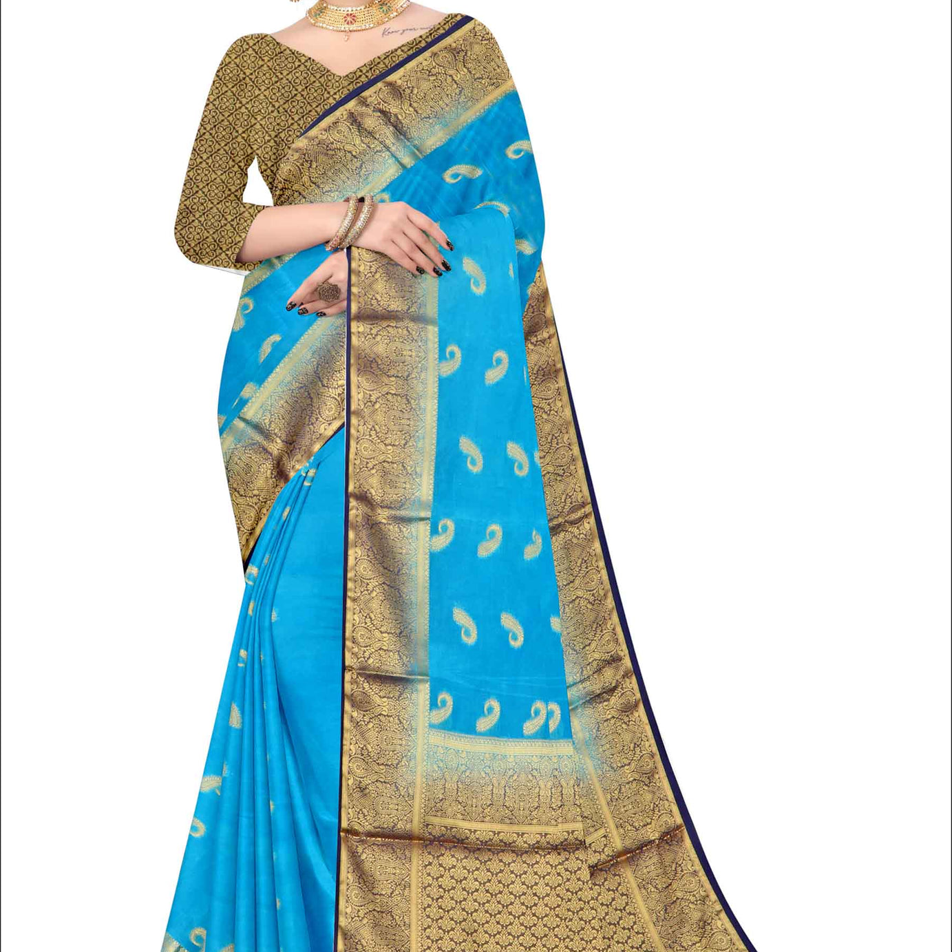 Golden Grace: Jaquard Silk Saree with Intricate Zari Work in blue