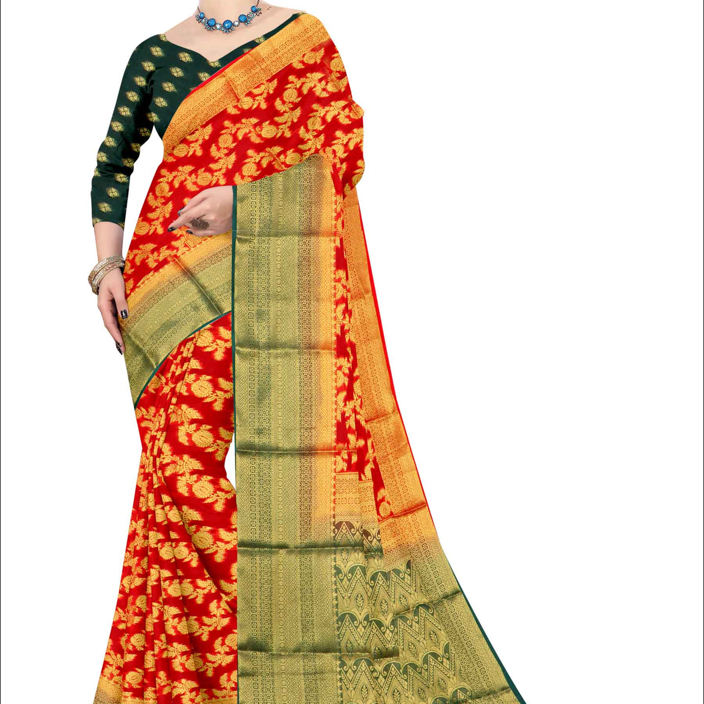 Golden Grace: Jaquard Silk Saree with Intricate Zari Work in Red