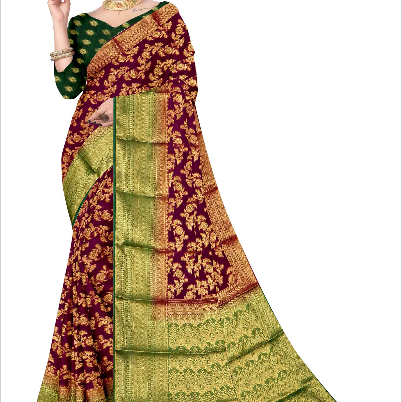 Golden Grace: Jaquard Silk Saree with Intricate Zari Work in Maroon