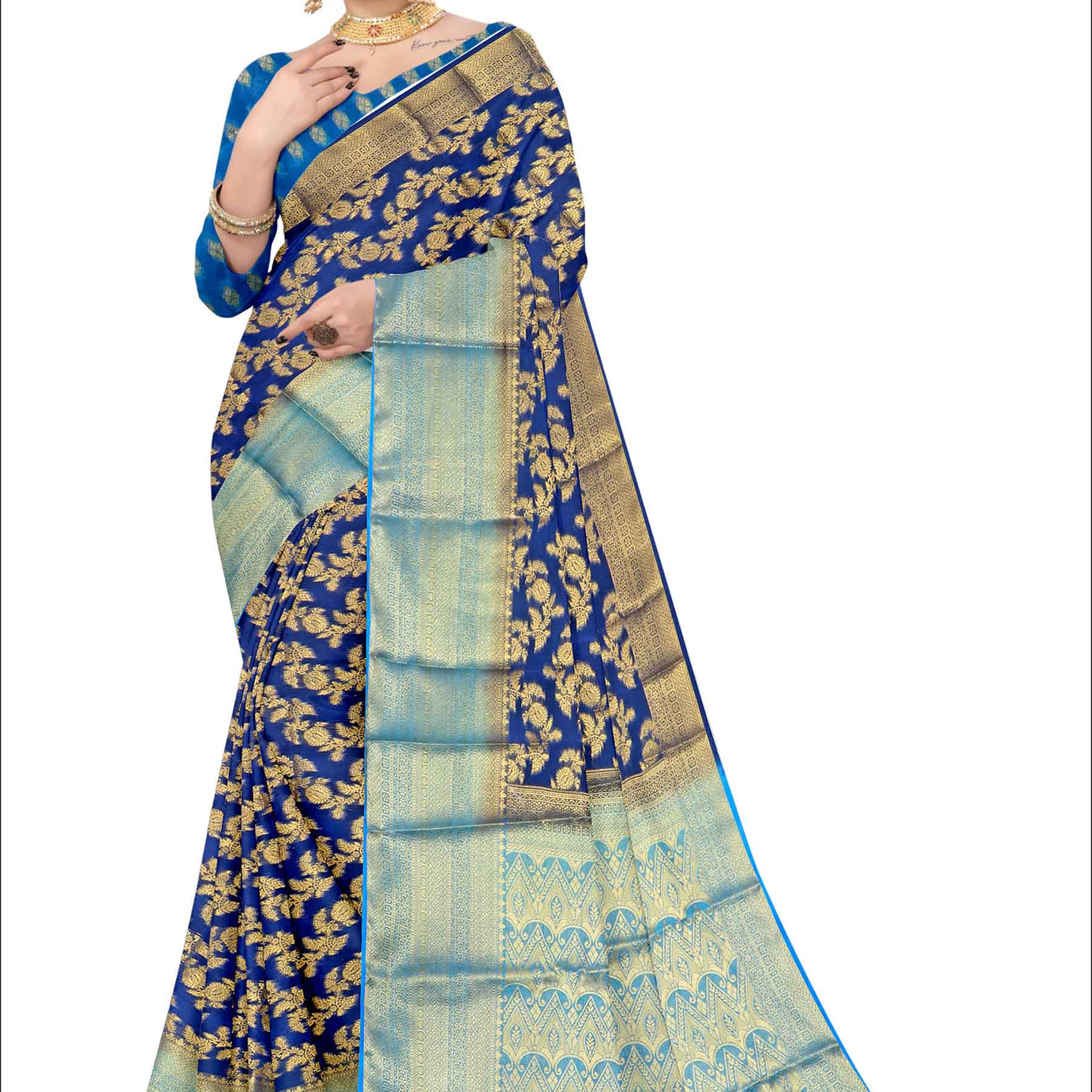 Golden Grace: Jaquard Silk Saree with Intricate Zari Work in Dark blue