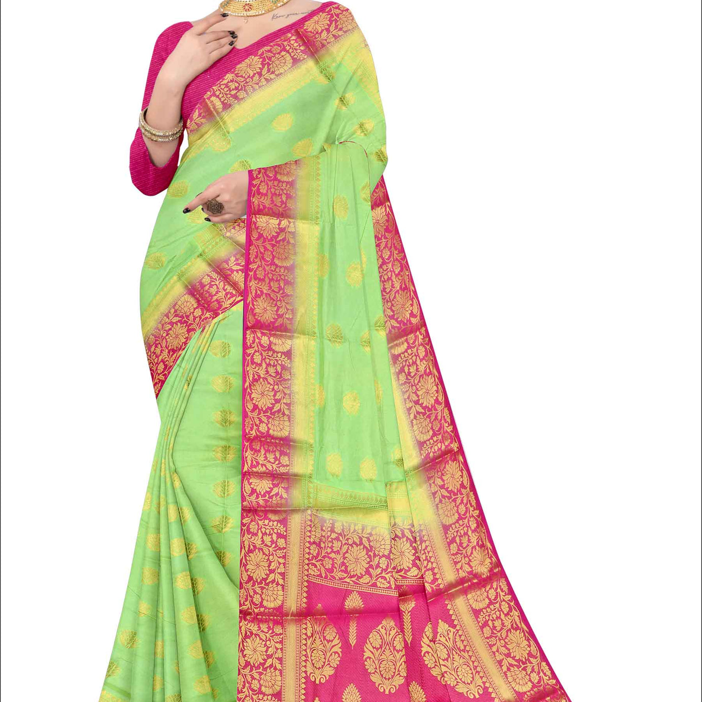 Golden Grace: Jaquard Silk Saree with Intricate Zari Work in Light Green