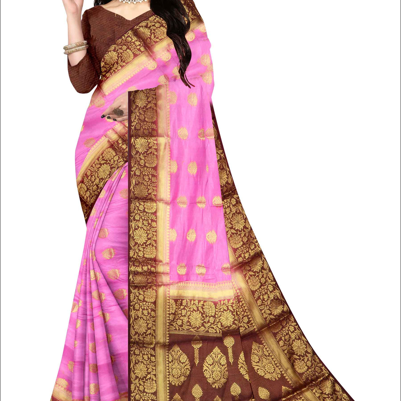 Golden Grace: Jaquard Silk Saree with Intricate Zari Work in Pink