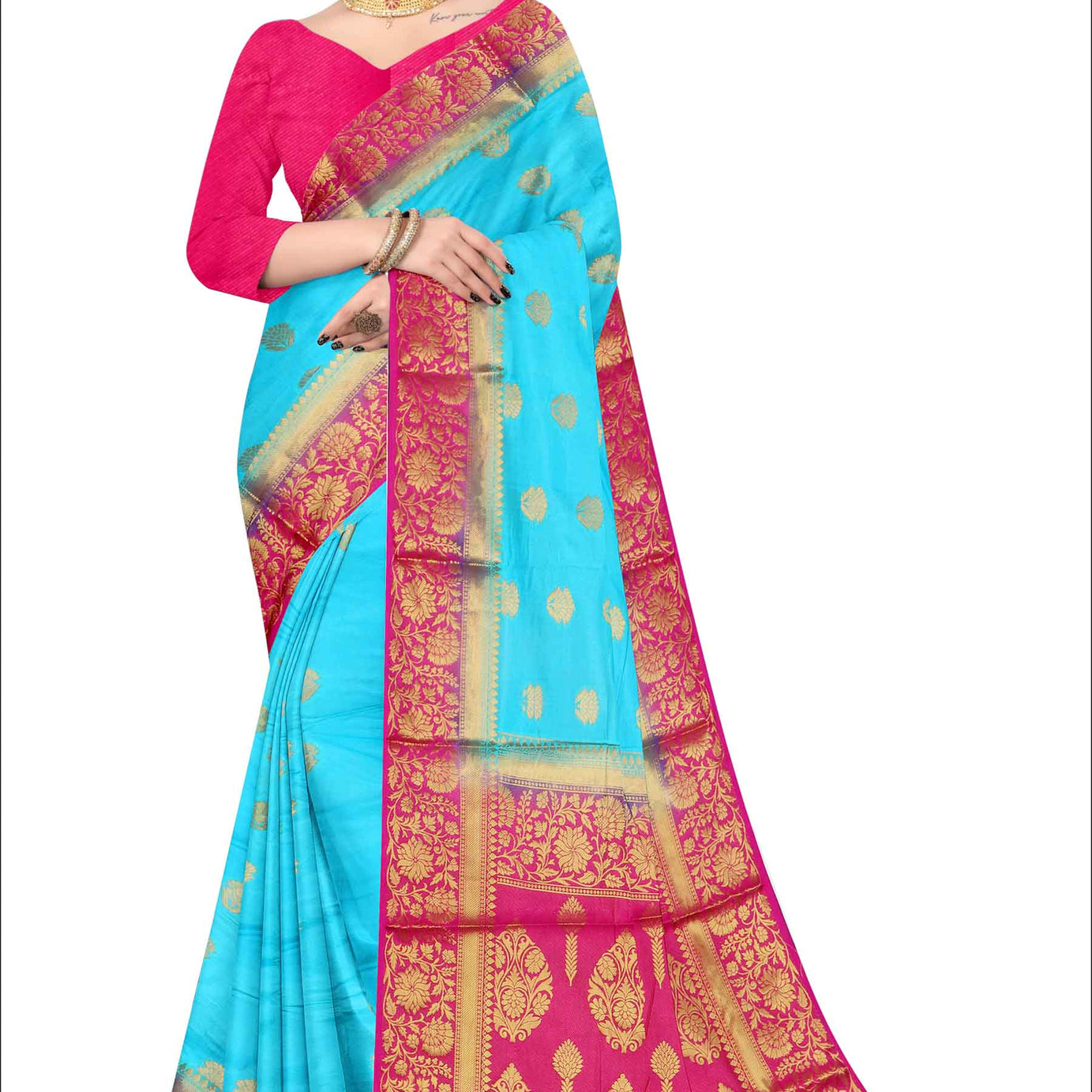 Golden Grace: Jaquard Silk Saree with Intricate Zari Work in Sky blue