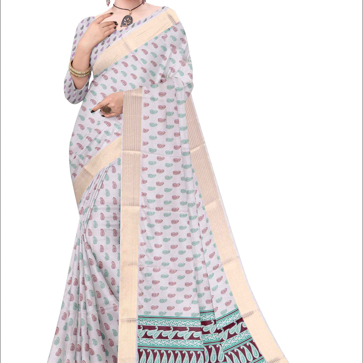 Elegant Silk Saree with Charming Floral Prints in White