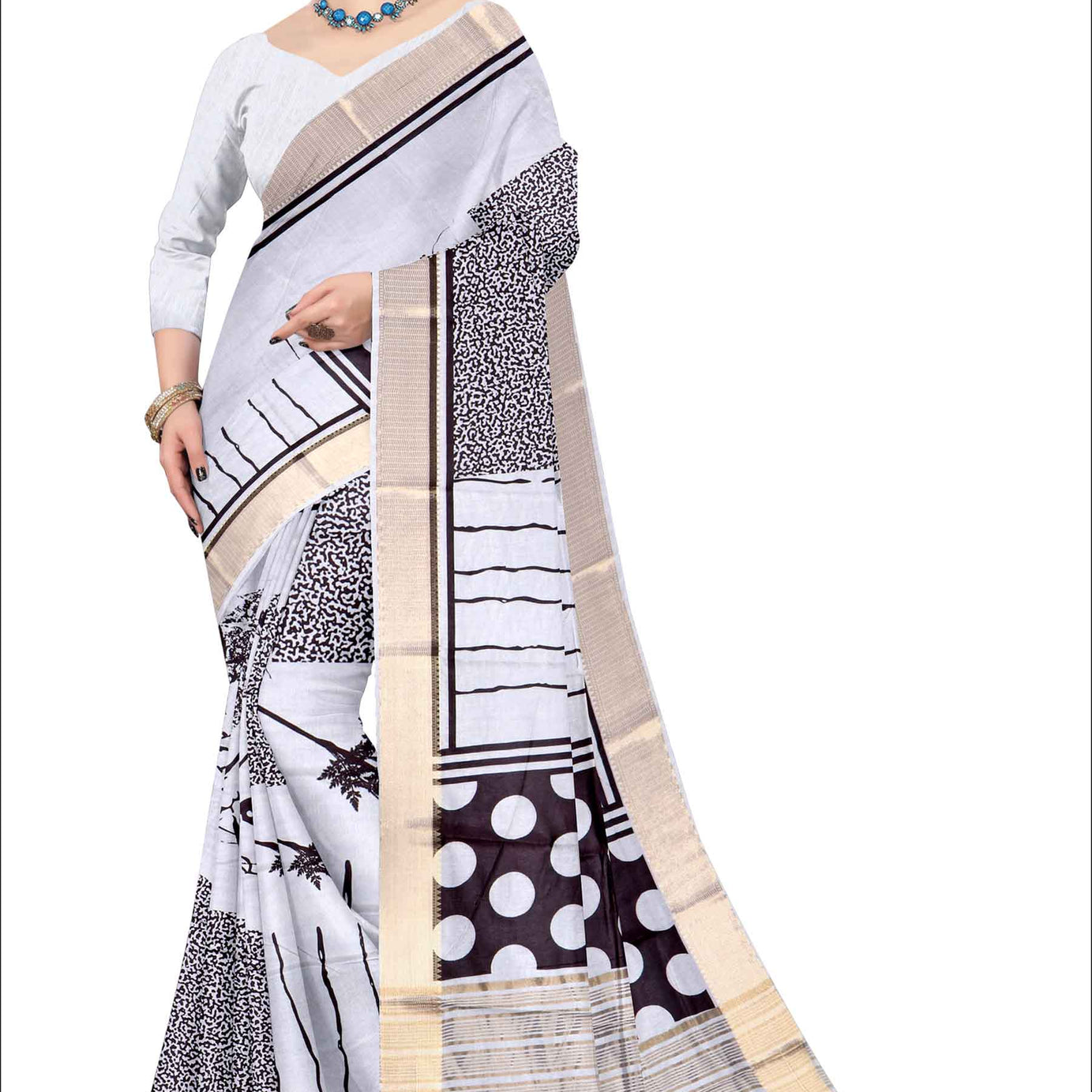 Elegant Silk Saree with Charming Floral Prints in W&B