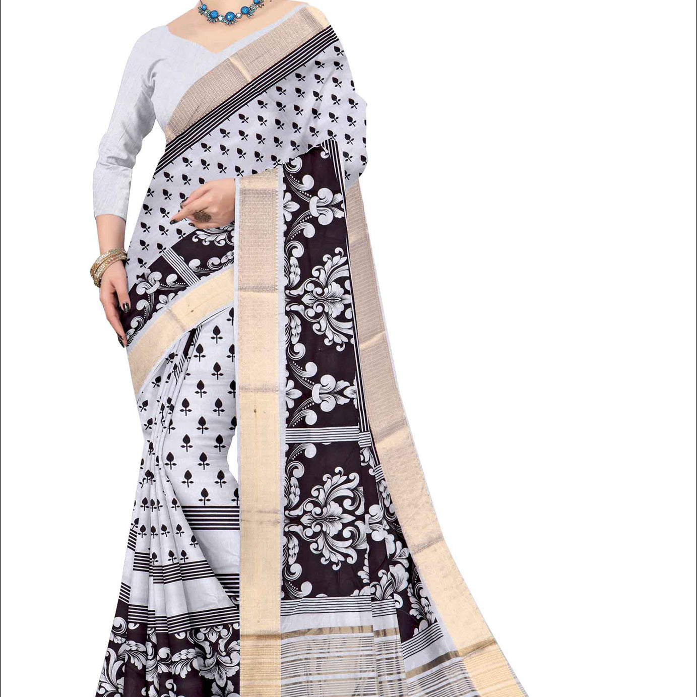 Elegant Silk Saree with Charming Floral Prints in W&B