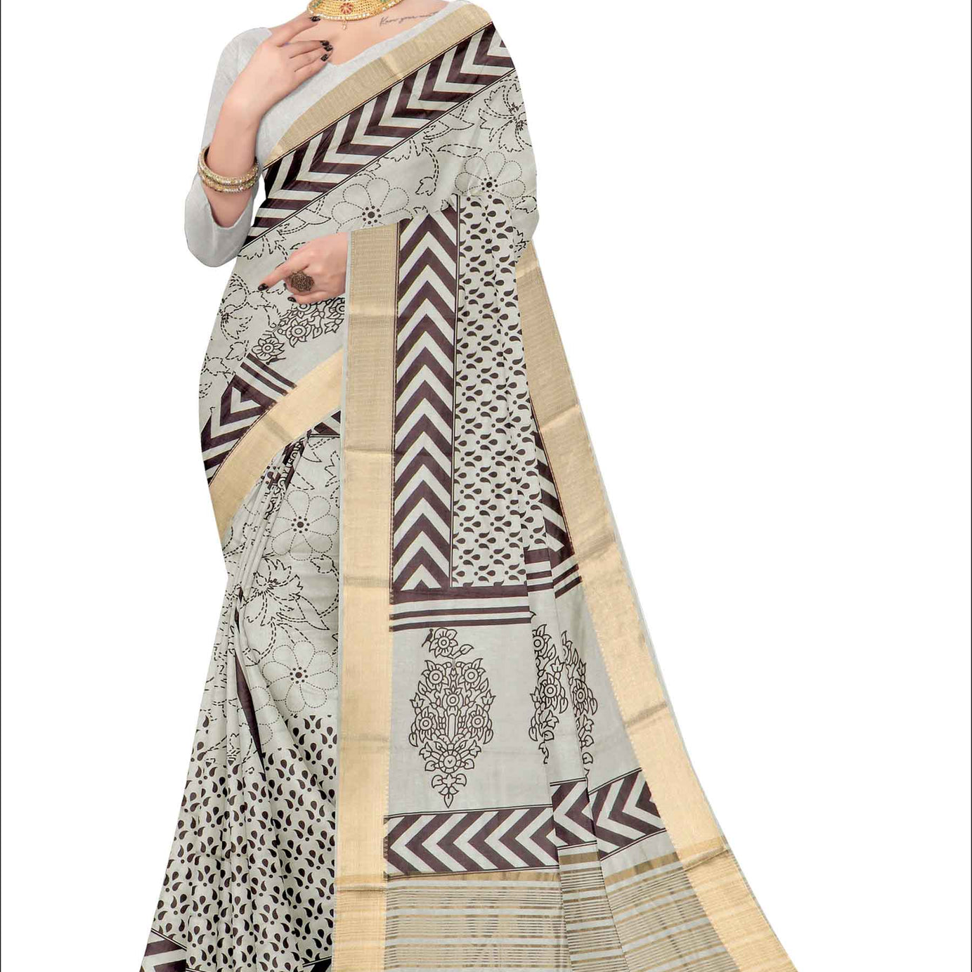 Elegant Silk Saree with Charming Floral Prints in W&B