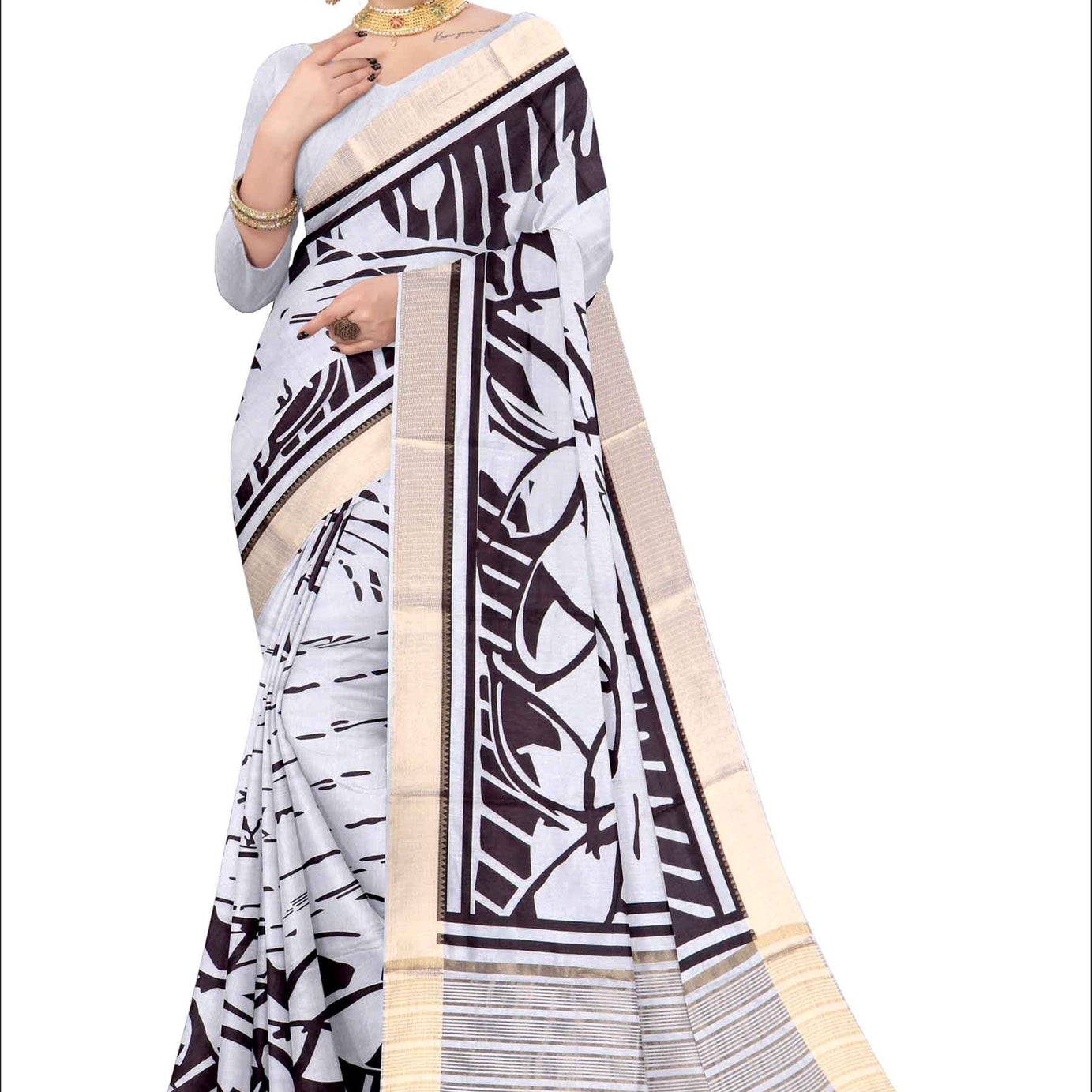 Elegant Silk Saree with Charming Floral Prints in W&B