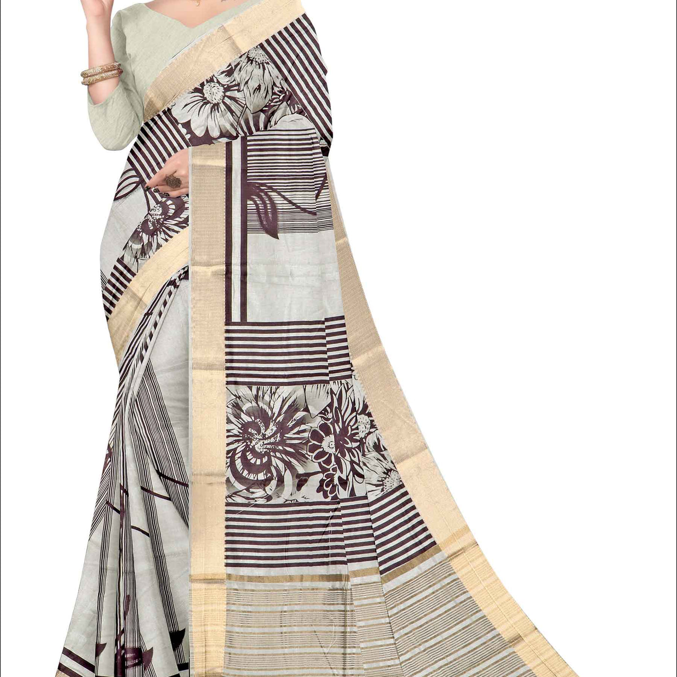 Elegant Silk Saree with Charming Floral Prints in W&B