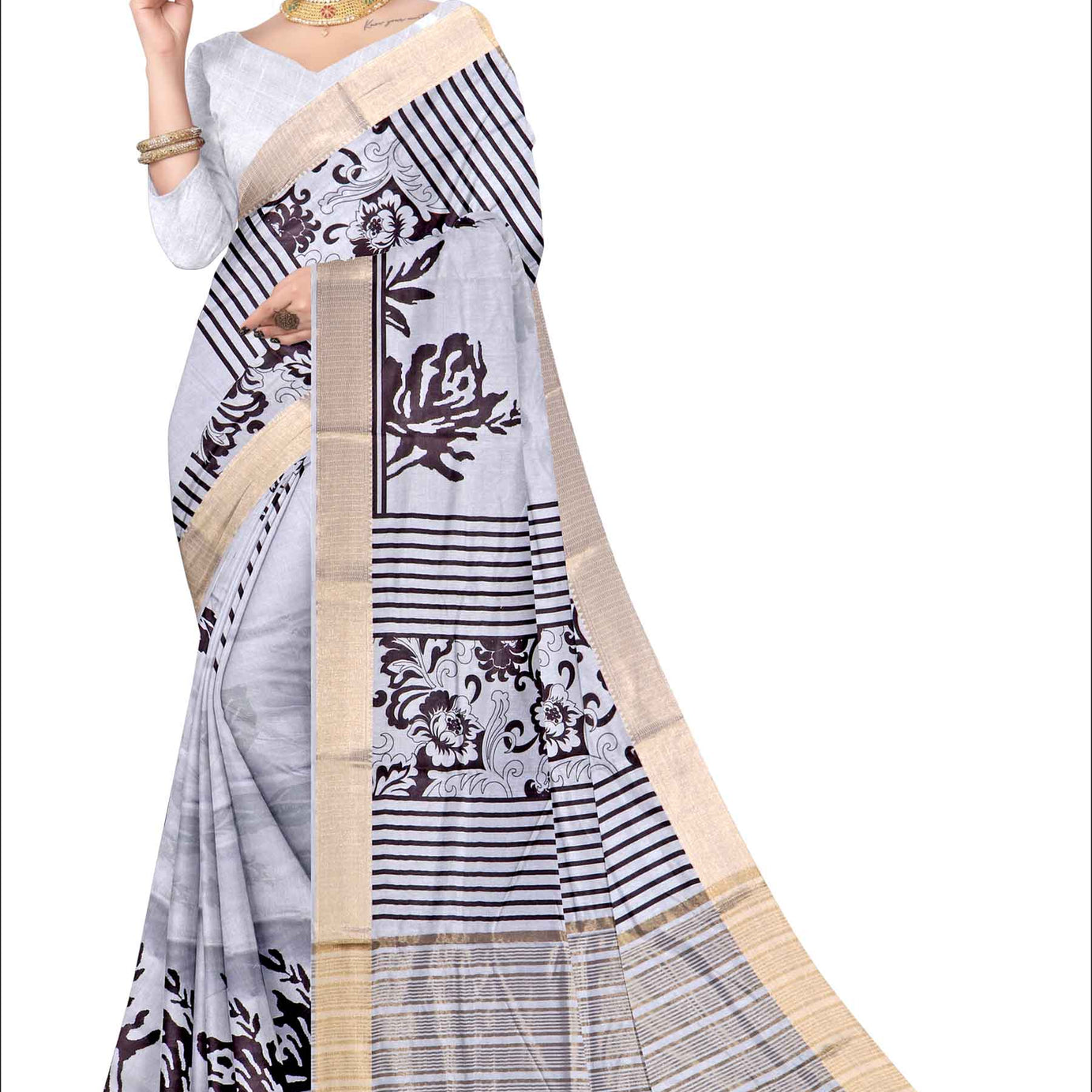 Elegant Silk Saree with Charming Floral Prints in W&B