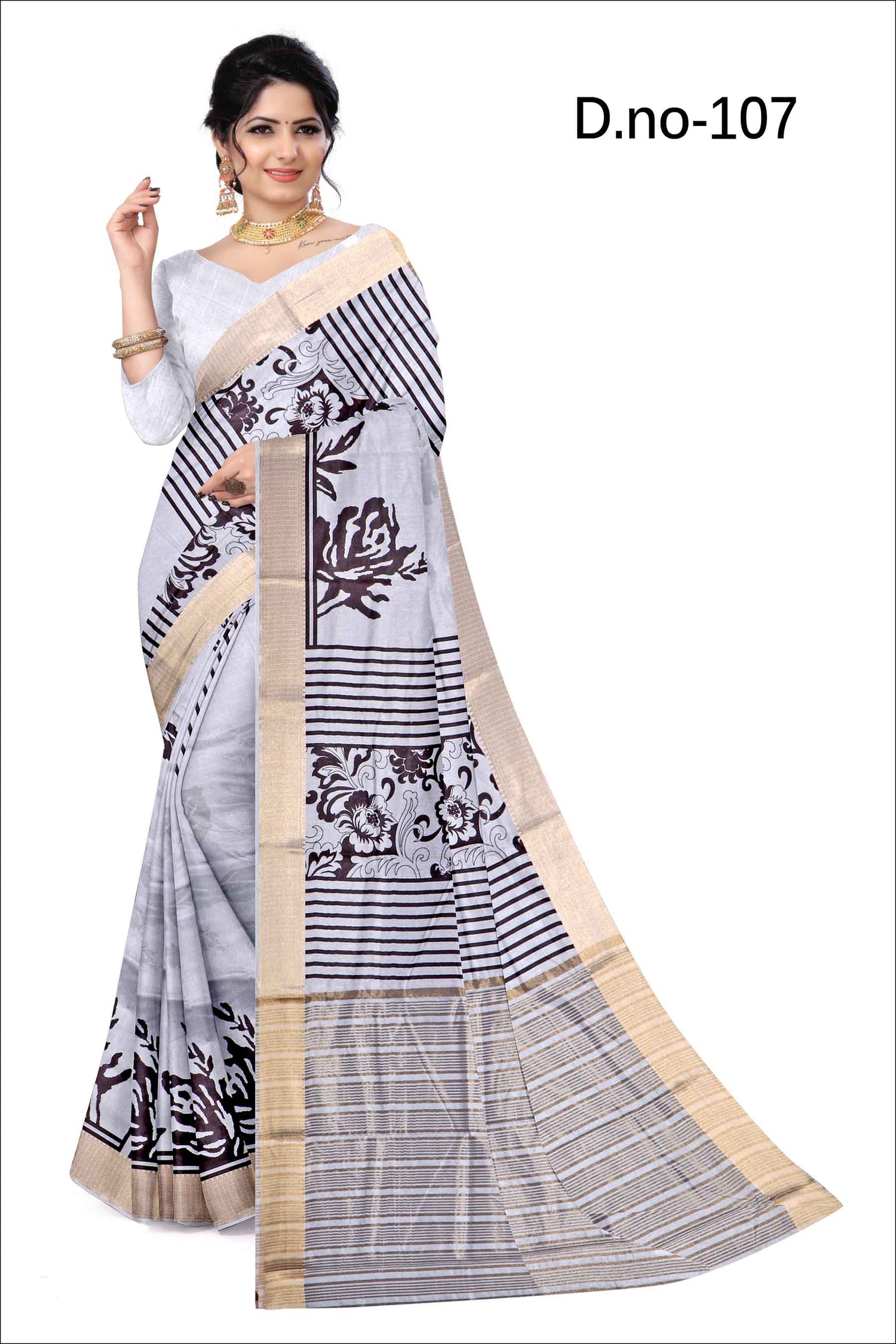 Ethnic Casual Saree In White And Black Printed Fancy Traditional Silk