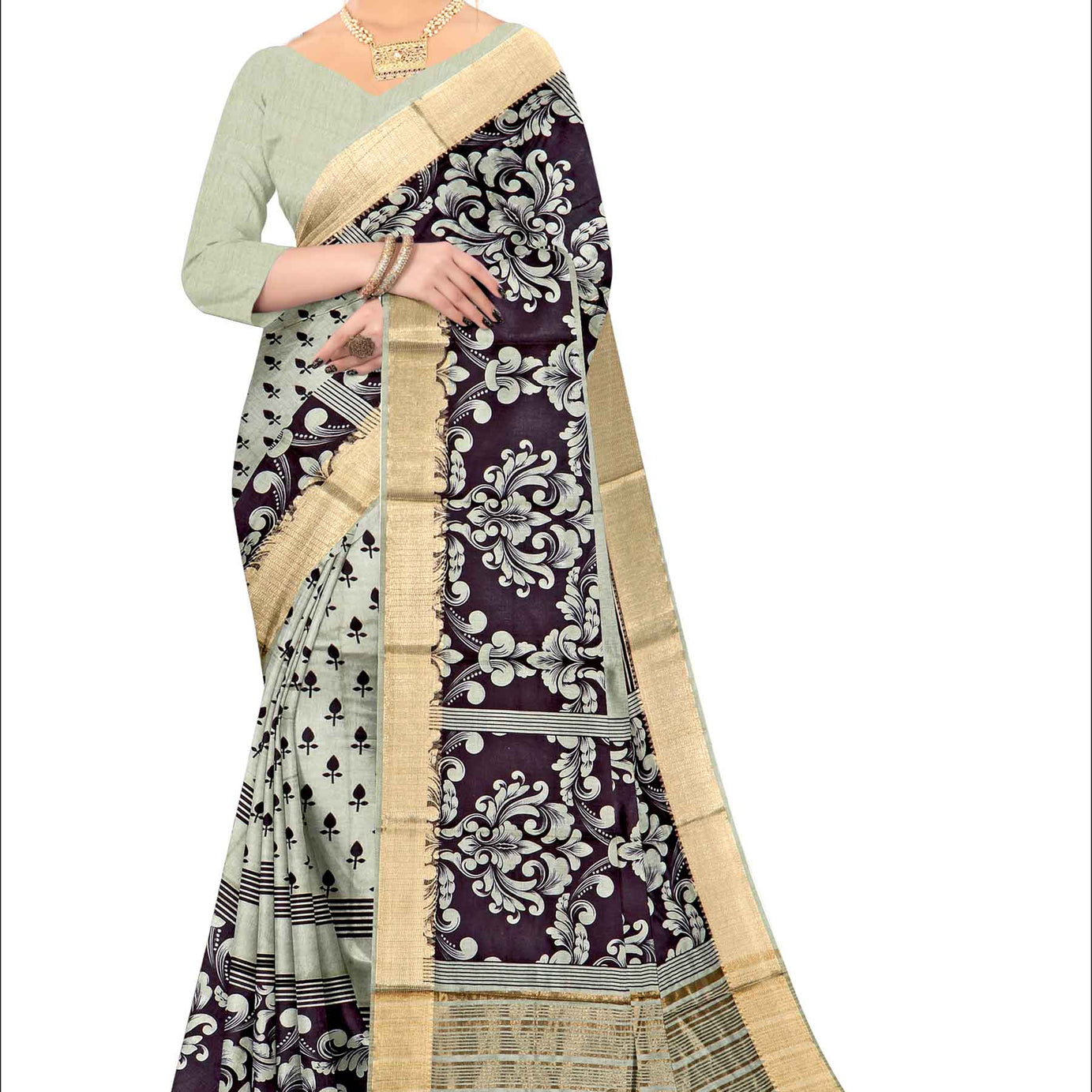 Elegant Silk Saree with Charming Floral Prints in W&B