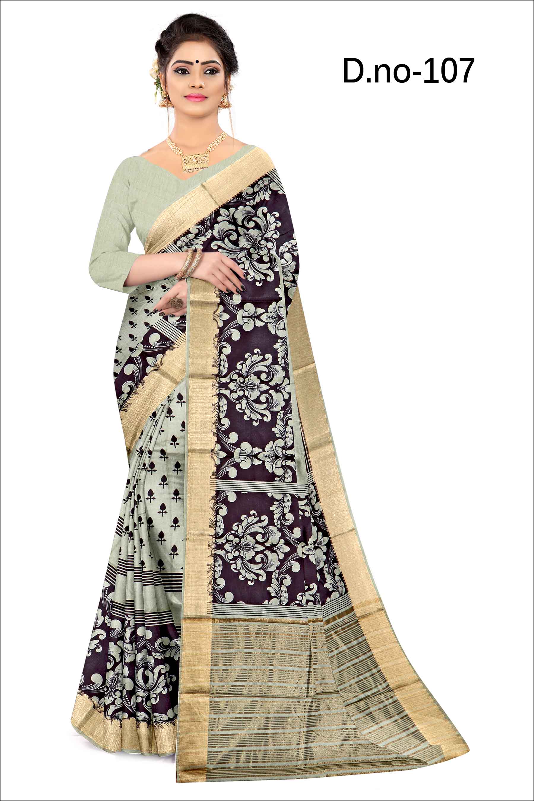 Elegant Silk Saree with Charming Floral Prints in W&B