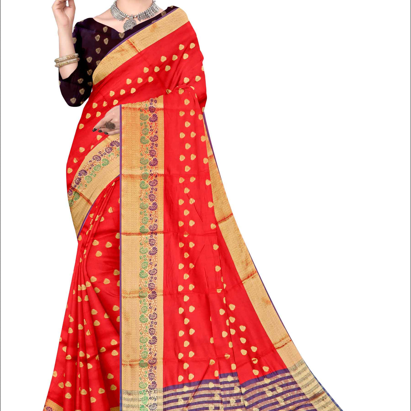 Golden Grace: Jaquard Silk Saree with Intricate Zari Work in Red