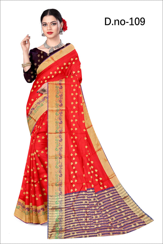 Golden Grace: Jaquard Silk Saree with Intricate Zari Work in Red