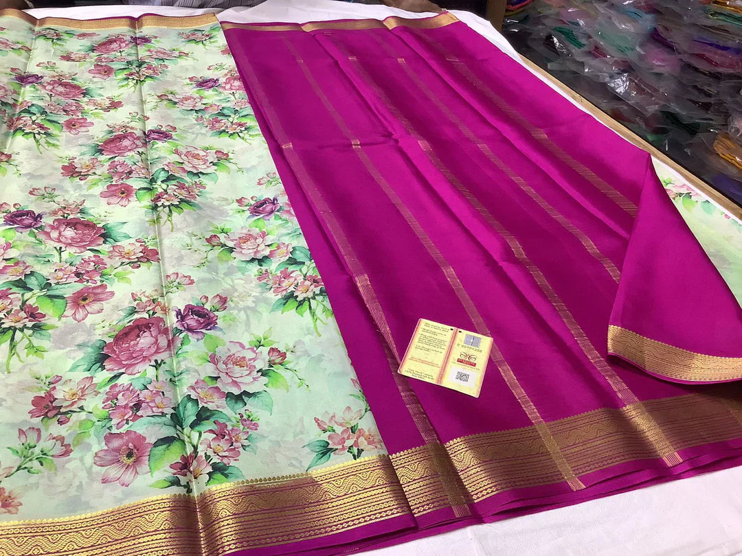 Soft Crepe Silk Saree With Digital Prints And Ornate Zari Border From Mysore
