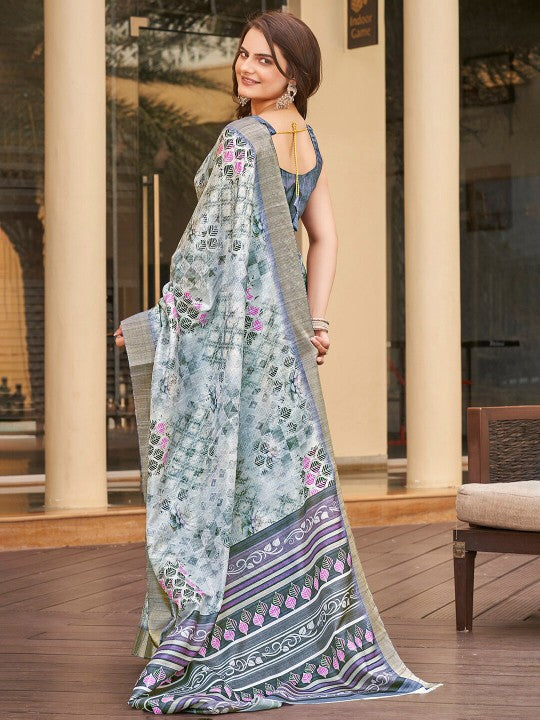 Bridal Function Saree Blue Printed Art Silk With Soft Pattu Weave