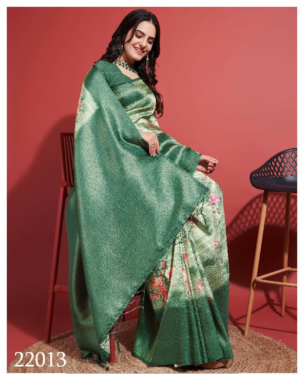 Pretty Printed Saree In Dark Green Soft Silk With Traditional Designer Touch