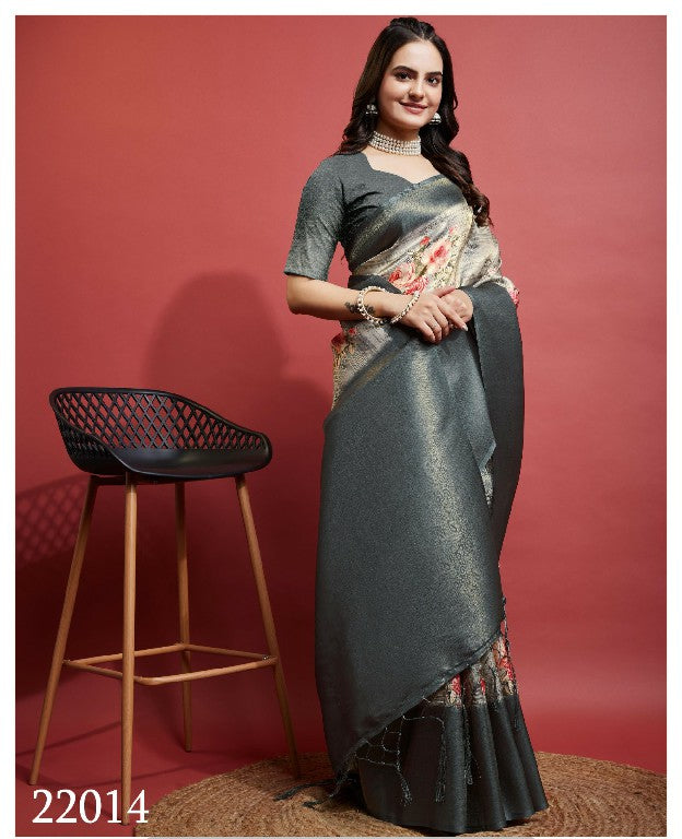 Designer Soft Silk Saree Grey Festive Look With Digital Art Print
