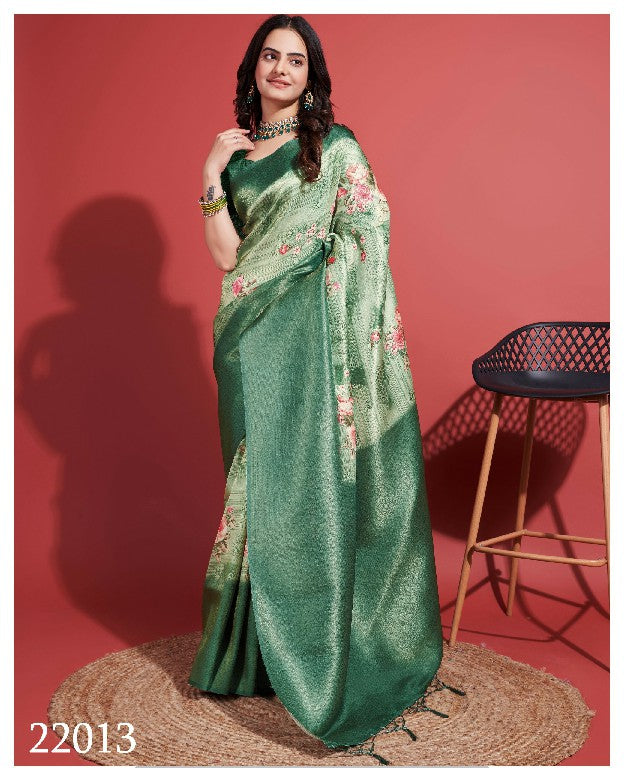 Pretty Printed Saree In Dark Green Soft Silk With Traditional Designer Touch