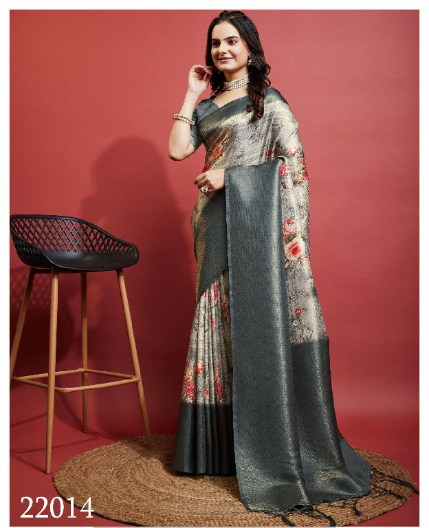 Designer Soft Silk Saree Grey Festive Look With Digital Art Print