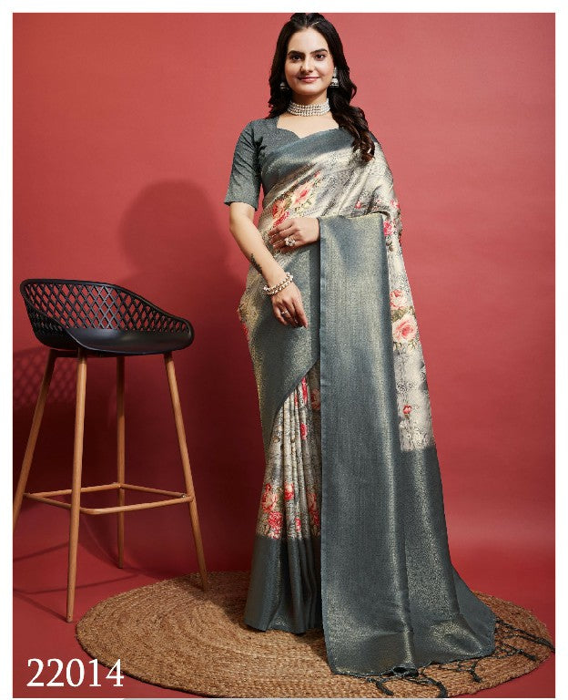 Designer Soft Silk Saree Grey Festive Look With Digital Art Print
