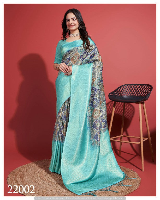 Pretty Sky Blue Silk Saree Digital Printed Soft Fabric For Special Occasions