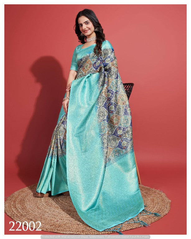Pretty Sky Blue Silk Saree Digital Printed Soft Fabric For Special Occasions