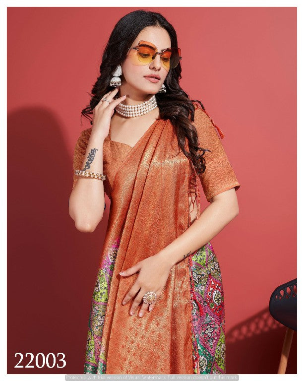 Orange Digital Print Saree Soft Silk Designer Drape For Festive Wear