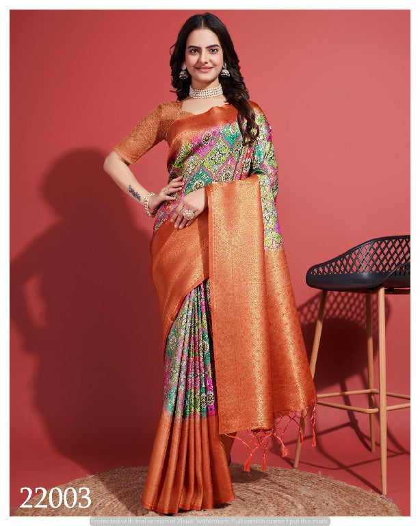Orange Digital Print Saree Soft Silk Designer Drape For Festive Wear