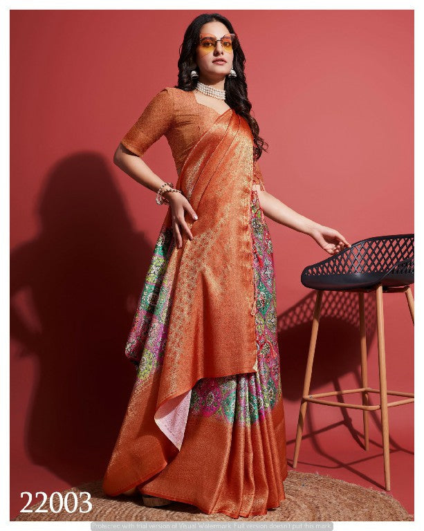 Orange Digital Print Saree Soft Silk Designer Drape For Festive Wear
