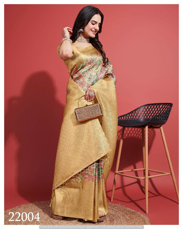 Traditional Soft Silk Saree In Yellow Digital Printed Festive Look