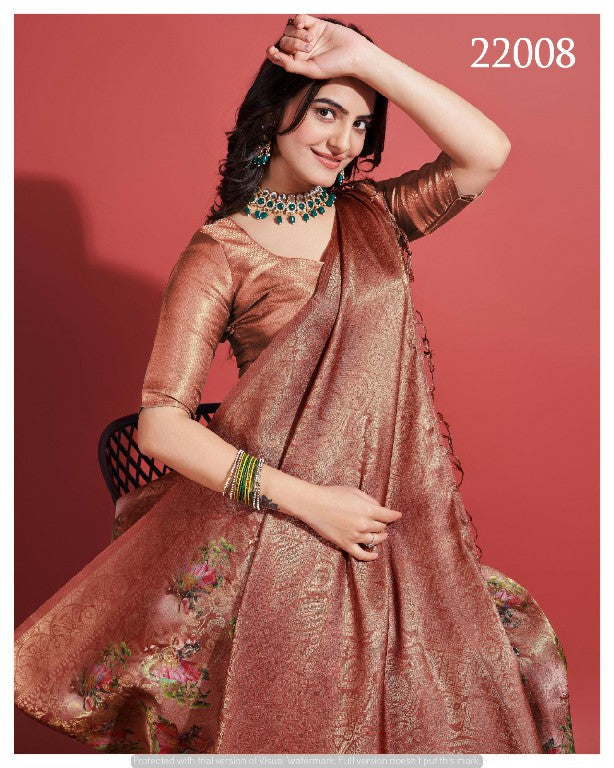 Digital Printed Soft Silk Saree Brown Traditional Festive Style