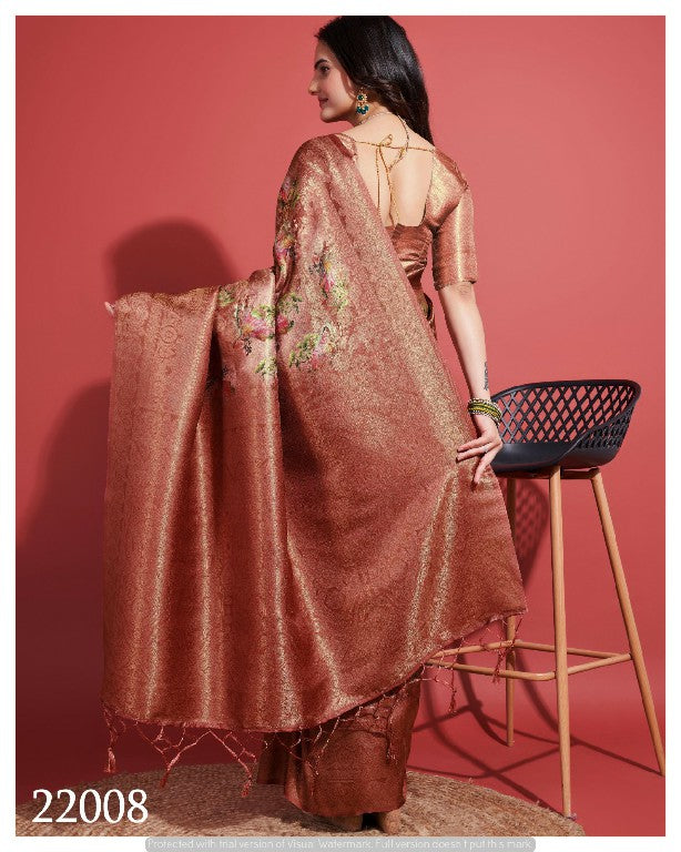 Digital Printed Soft Silk Saree Brown Traditional Festive Style