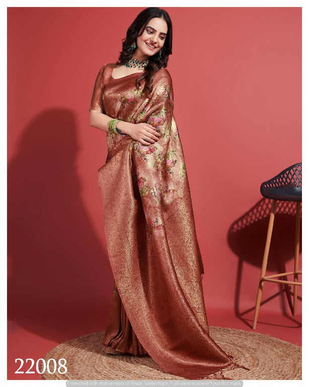 Digital Printed Soft Silk Saree Brown Traditional Festive Style