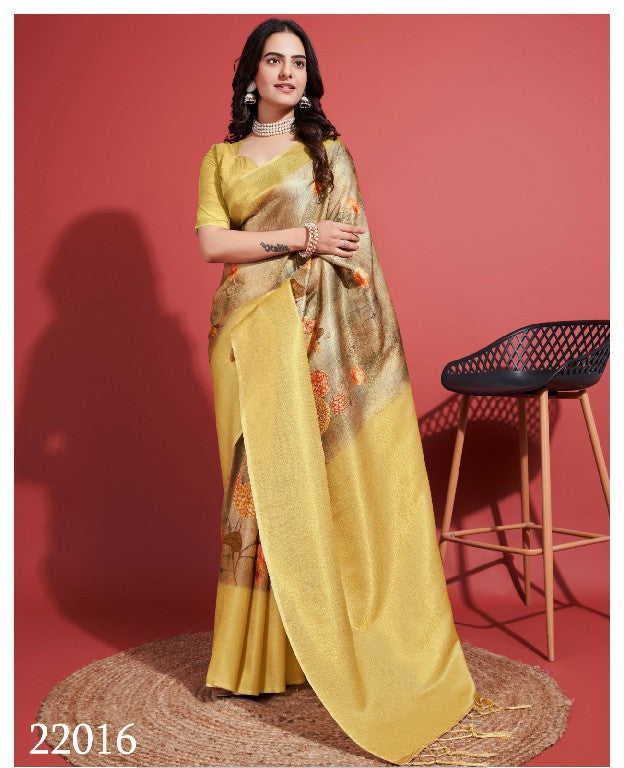 Elegant Festive Saree Yellow Soft Silk With Designer Digital Print