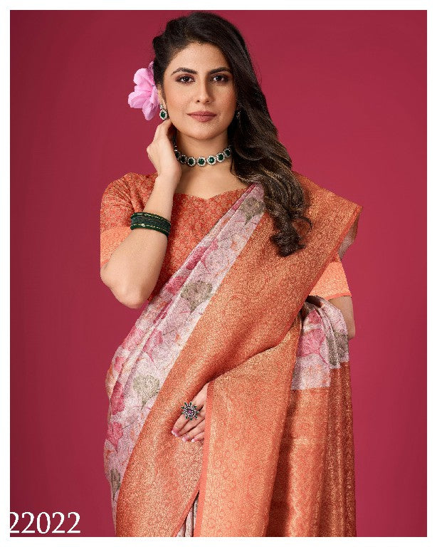 Charming Orange Soft Silk Saree Digital Prints And Festive Wear Design