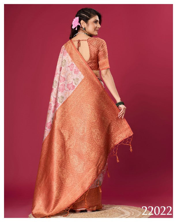 Charming Orange Soft Silk Saree Digital Prints And Festive Wear Design