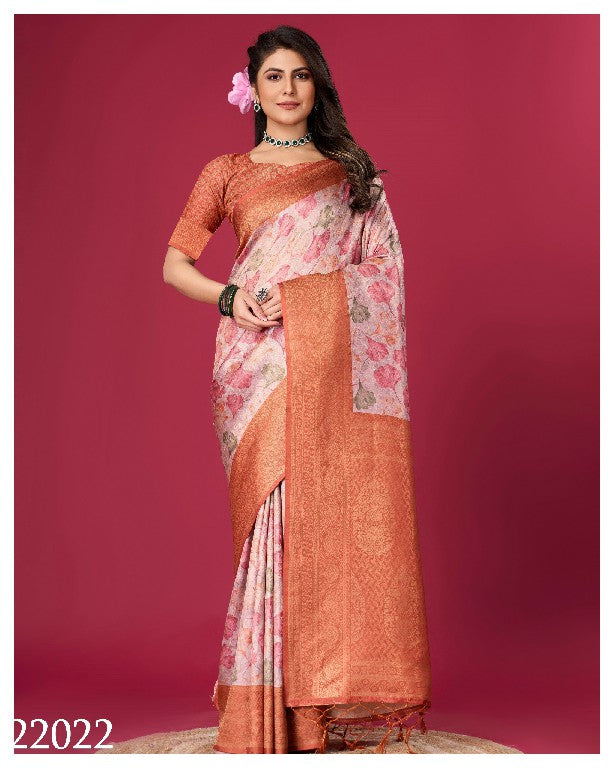 Charming Orange Soft Silk Saree Digital Prints And Festive Wear Design