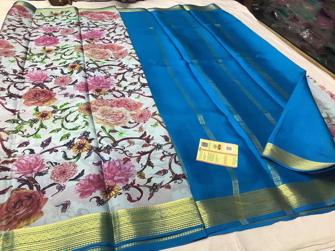 Exclusive Mysore Pure Silk Crepe Saree With Printed Body And Zari Edge