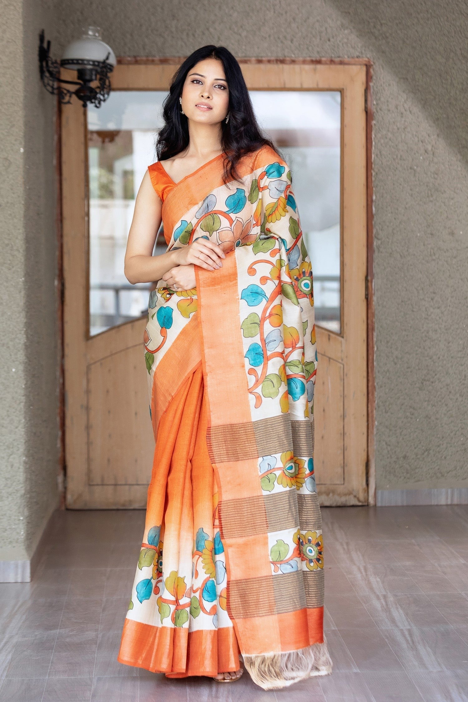 Traditional Kalamkari Printed Tussar Silk Saree with Stylish Matching Blouse