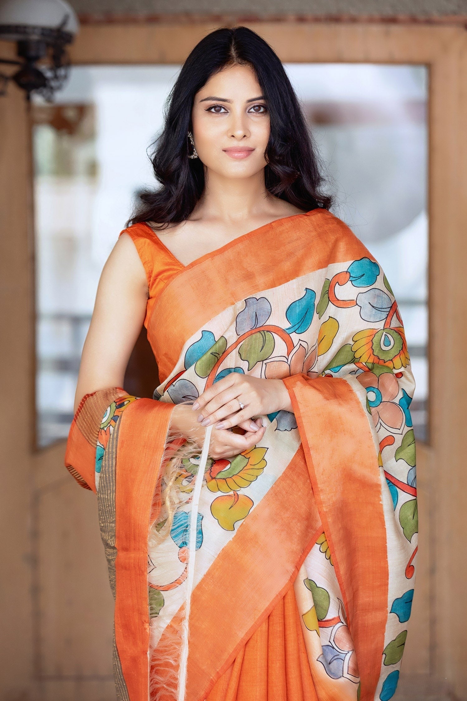 Traditional Kalamkari Printed Tussar Silk Saree with Stylish Matching Blouse