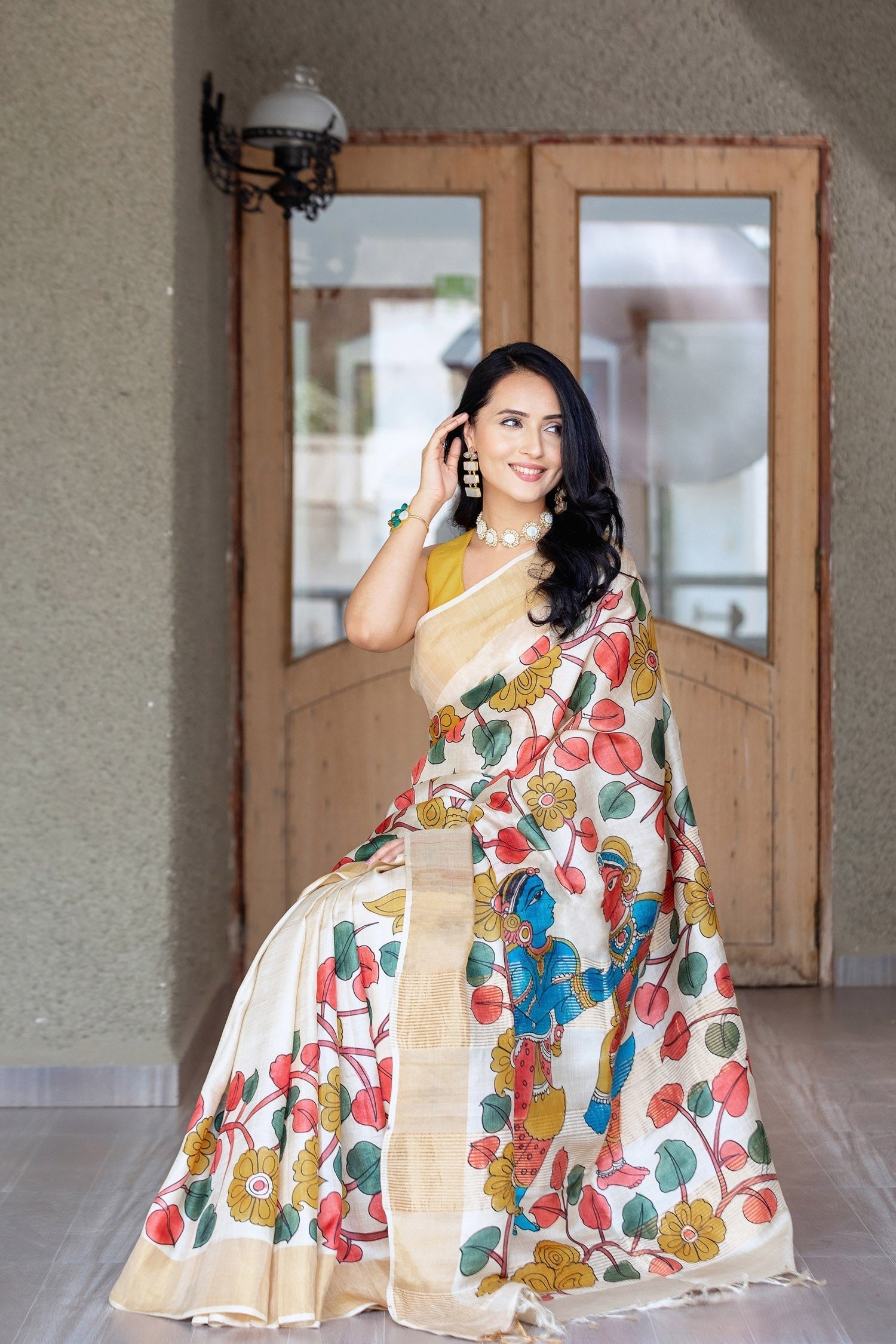 Graceful Handloom Tussar Silk Saree Kalamkari Prints with Partywear Blouse