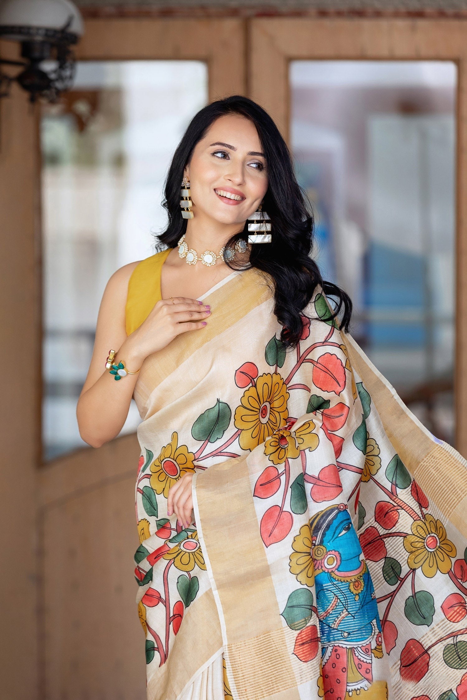 Graceful Handloom Tussar Silk Saree Kalamkari Prints with Partywear Blouse