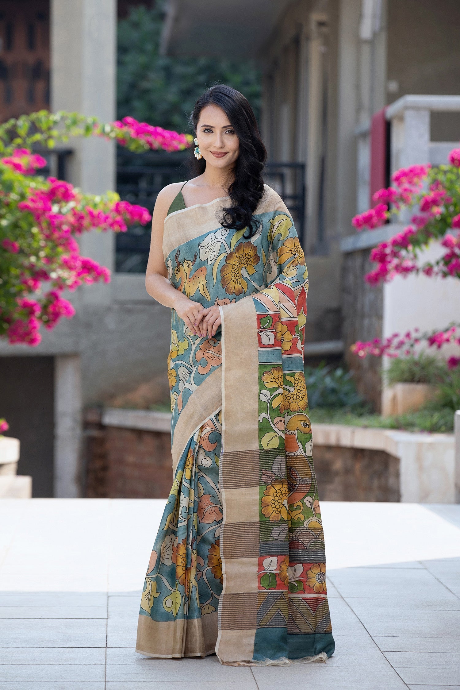 Elegant Handloom Tussar Silk Saree with Kalamkari Prints And Designer Blouse